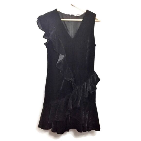 Scripted Black Velvet Ruffle Asymmetrical Dress - Picture 1 of 7